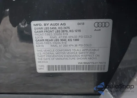 2018 Audi Q5 2.0T Premium/2.0T Tech Premium z USA, uszkodzony, nr VIN WA1BNAFY9J2176574